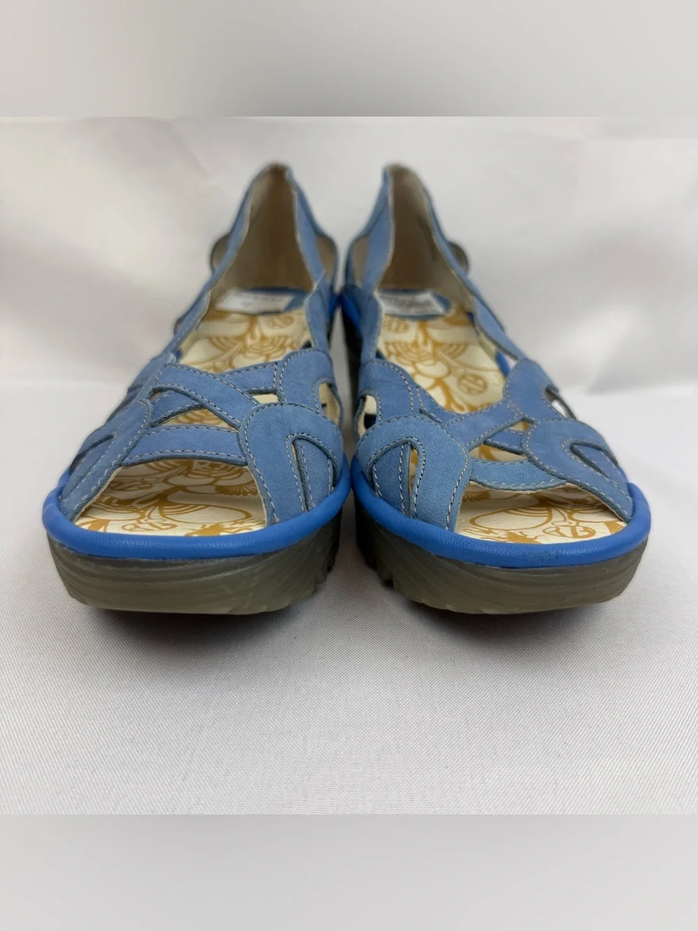NWOB Fly London Yadi Blue Leather Peep-Toe Slip-On 2.5 Wedge Sandals EU37 US7